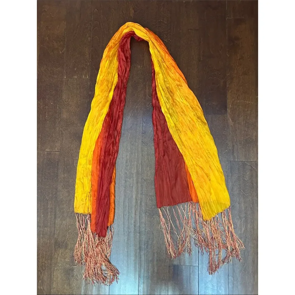 Vibrant Ombre Red-Orange Fringe Scarf, Lightweight Silky Crinkle Fabric